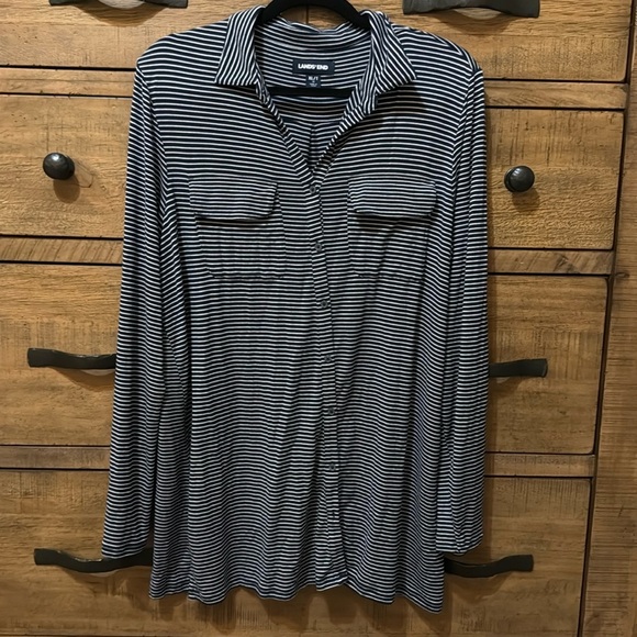 Lands End knit button down blouse navy and white striped - Picture 1 of 3